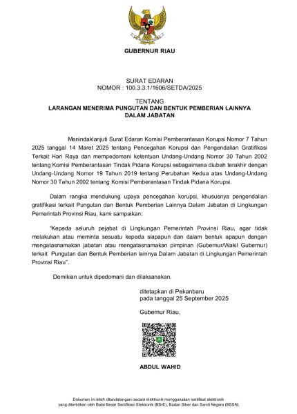 Cegah Gratifikasi dan Korupsi, Gubri Keluarkan SE