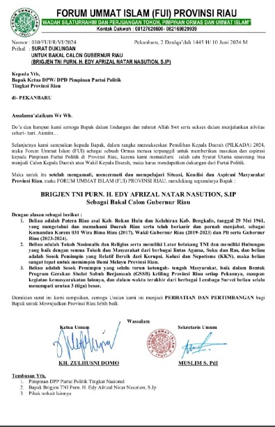 FUI Riau Sampaikan Surat ke DPP Partai Politik,  Zulhusni Domo: Edy Natar Sosok Pemimpin Bersih dari KKN