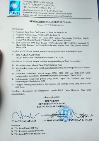 PAN Serahkan Rekomendasi Balon Gubri 2024 Kepada Edy Natar