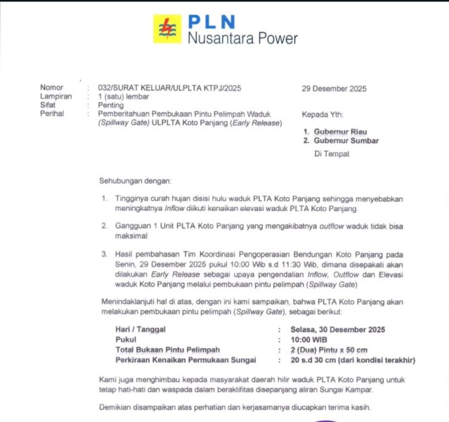 Hasil Rapat Tim, PLN Buka Pintu Pelimpah PLTA Koto Panjang, Warga Hilir Sungai Kampar Diminta Waspada